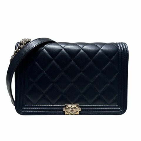 CHANEL 香奈兒 BOY 翻蓋包 鍊帶肩背包 羊皮 黑色 金扣