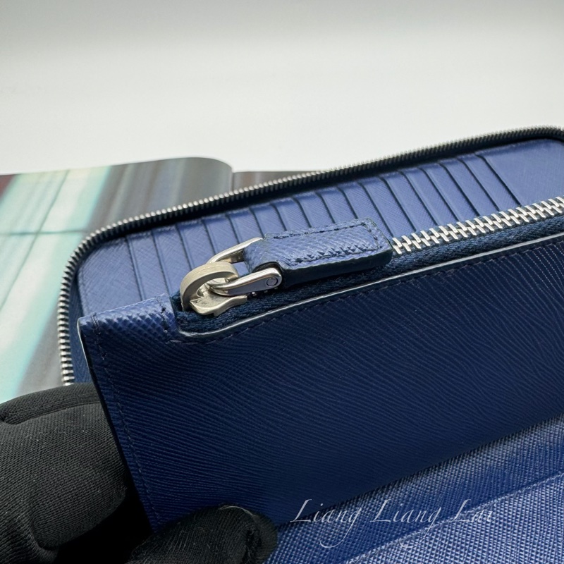 PRADA 經典Saffiano皮革商務型拉鍊深藍色長夾-11