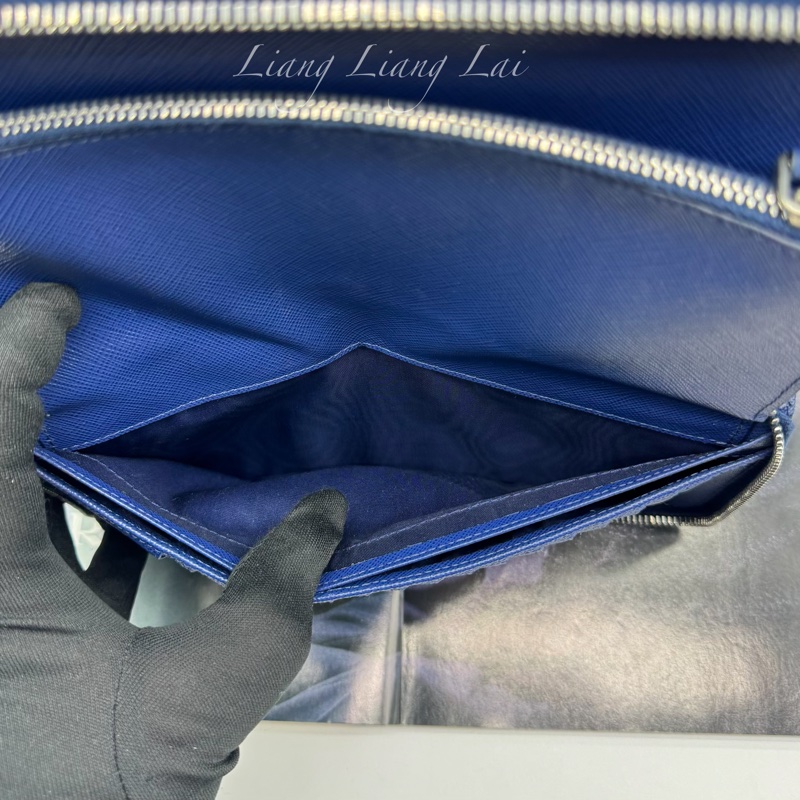 PRADA 經典Saffiano皮革商務型拉鍊深藍色長夾-12