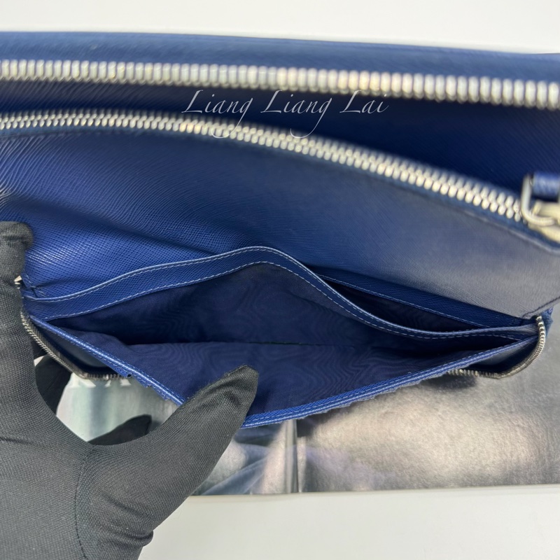 PRADA 經典Saffiano皮革商務型拉鍊深藍色長夾-13