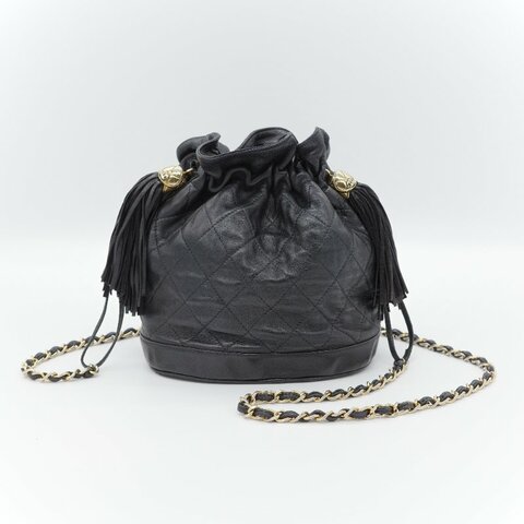 Chanel香奈兒 Vintage 黑色 羊皮菱格紋 流蘇 水桶包