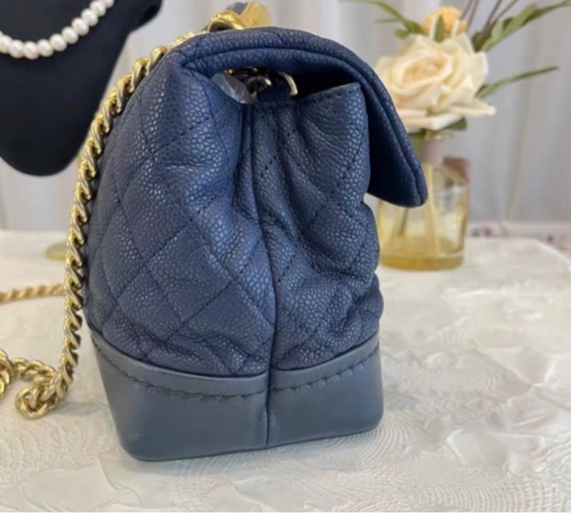 Chanel 海軍藍金色手柄荔枝紋手提斜背包 27*15*11 98新 配件塵袋-5