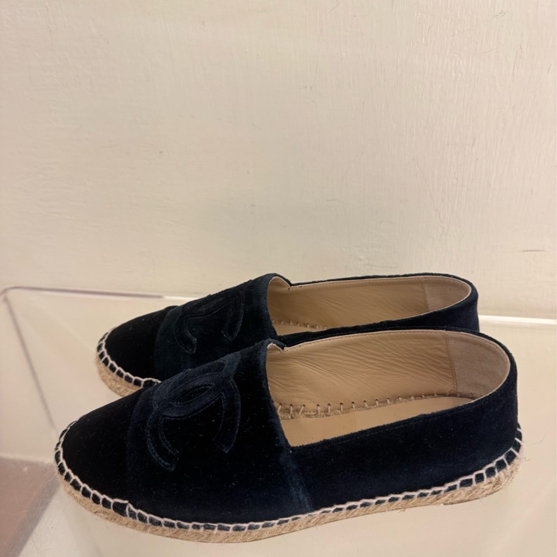 Chanel深藍/黑絨布草編鞋37號-2