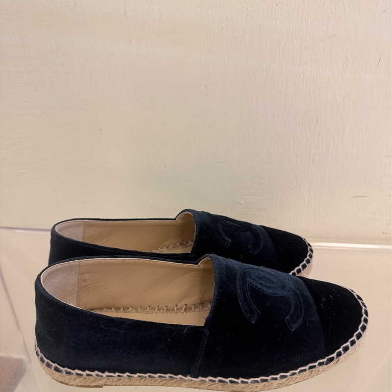 Chanel深藍/黑絨布草編鞋37號-3