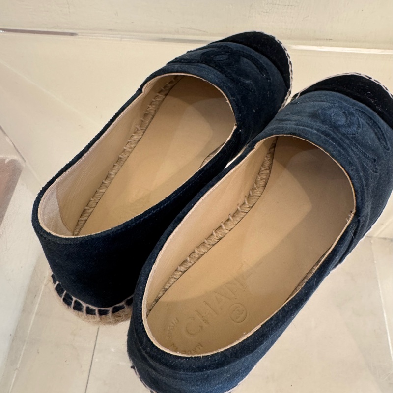 Chanel深藍/黑絨布草編鞋37號-4