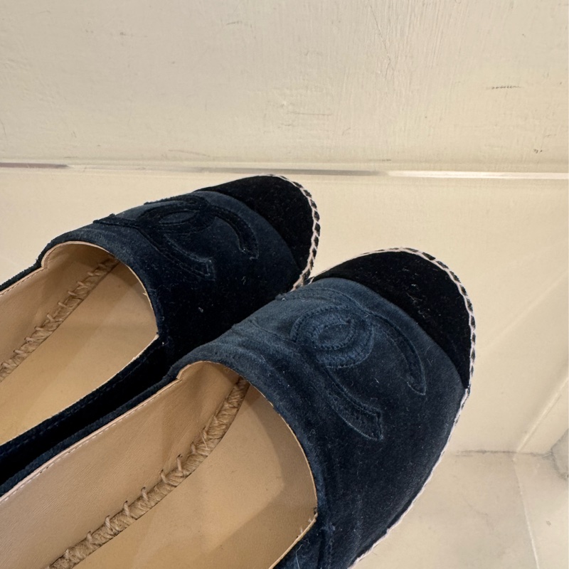 Chanel深藍/黑絨布草編鞋37號-5