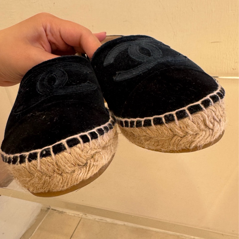 Chanel深藍/黑絨布草編鞋37號-10