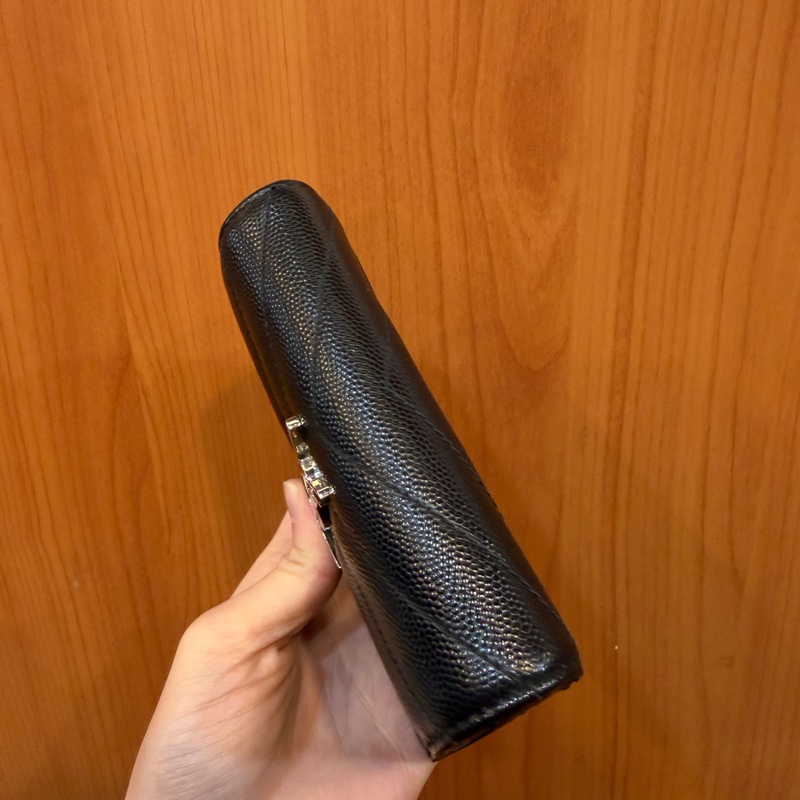 YSL 黑魚子醬牛皮銀釦三折短夾-4