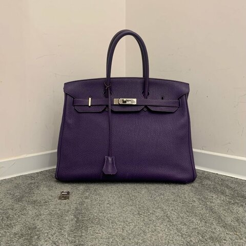Hermes愛馬仕 Birkin35 紫色銀扣手提包 附件鎖具鑰匙