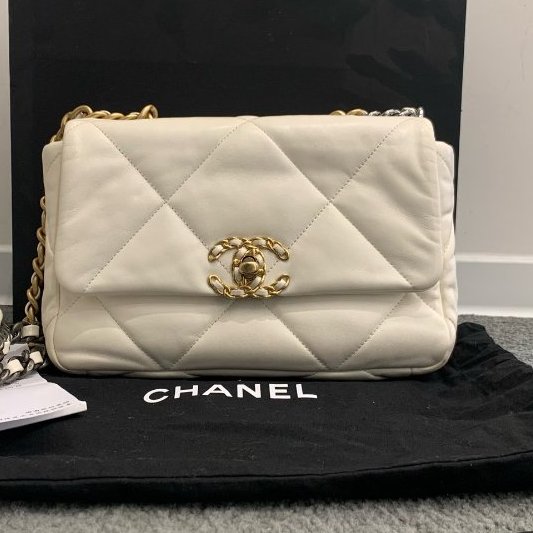 芯片款 香奈兒/Chanel 19bag小號 白金鏈條包 經典白色菱格紋配鴛鴦雙鏈條-5