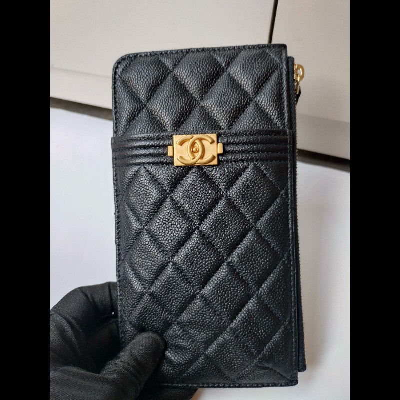 Chanel 黑荔枝皮Boy 系列扁長夾-1