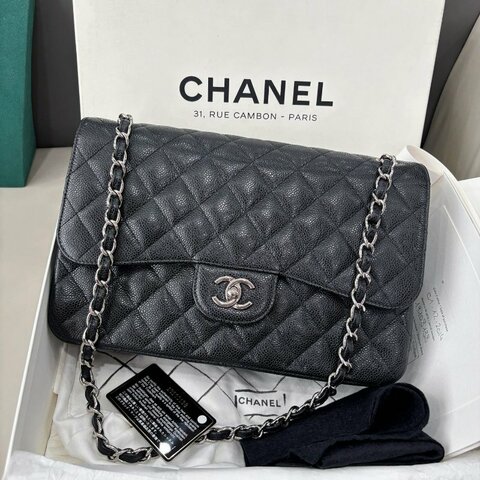 近新品 香奈兒/Chanel 黑銀荔枝紋牛皮Jumbo雙蓋 鏈條包