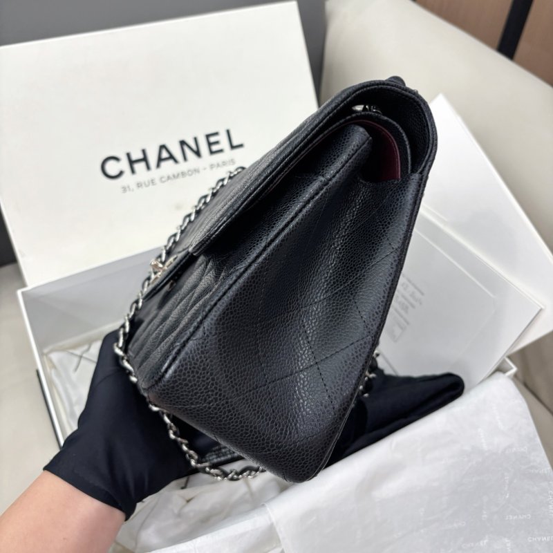 近新品 香奈兒/Chanel 黑銀荔枝紋牛皮Jumbo雙蓋 鏈條包-3