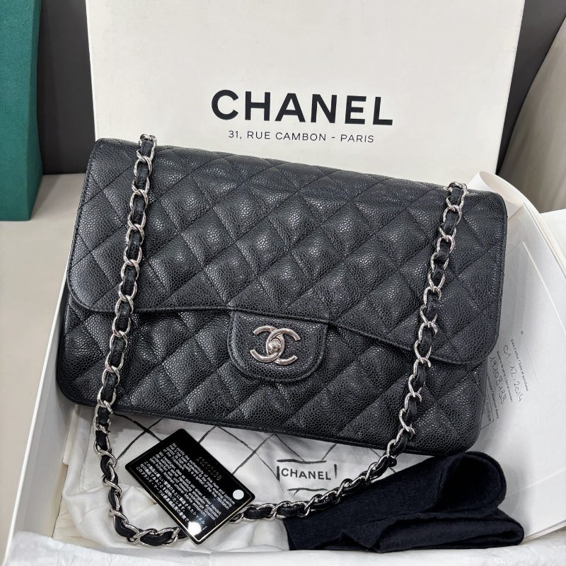 近新品 香奈兒/Chanel 黑銀荔枝紋牛皮Jumbo雙蓋 鏈條包-6