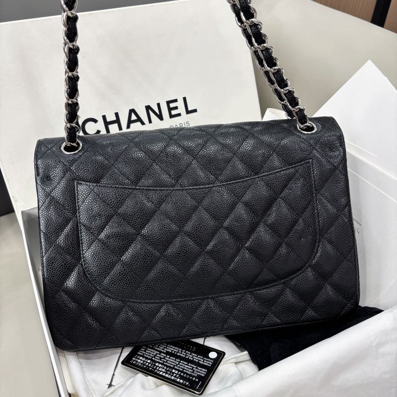 近新品 香奈兒/Chanel 黑銀荔枝紋牛皮Jumbo雙蓋 鏈條包-7
