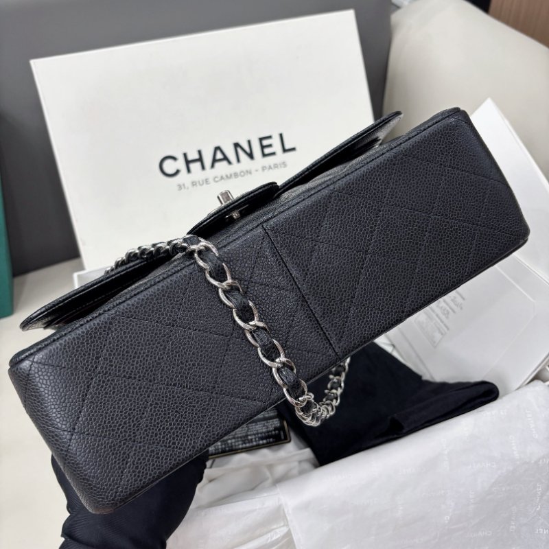 近新品 香奈兒/Chanel 黑銀荔枝紋牛皮Jumbo雙蓋 鏈條包-8