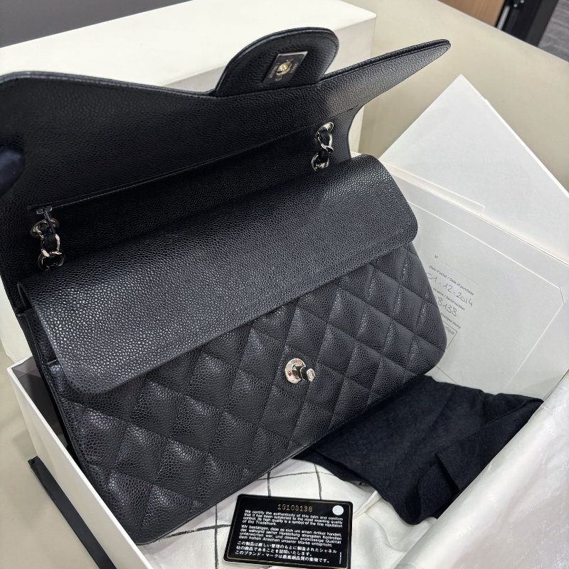 近新品 香奈兒/Chanel 黑銀荔枝紋牛皮Jumbo雙蓋 鏈條包-9