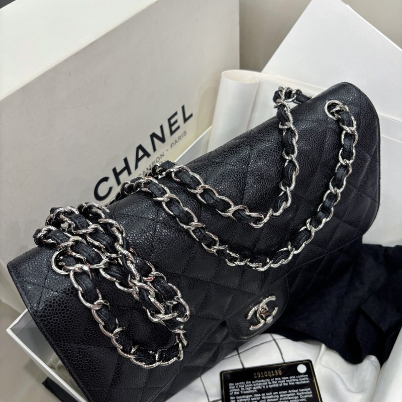 近新品 香奈兒/Chanel 黑銀荔枝紋牛皮Jumbo雙蓋 鏈條包-11