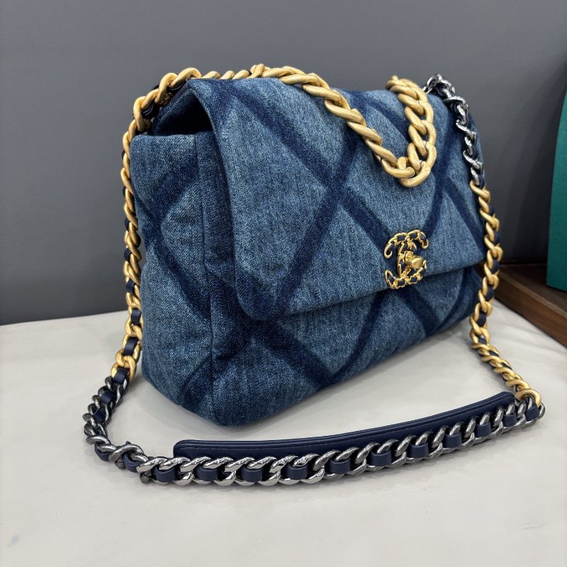 芯片款 香奈兒/Chanel 牛仔藍中號菱格紋19bag 鏈條包-2