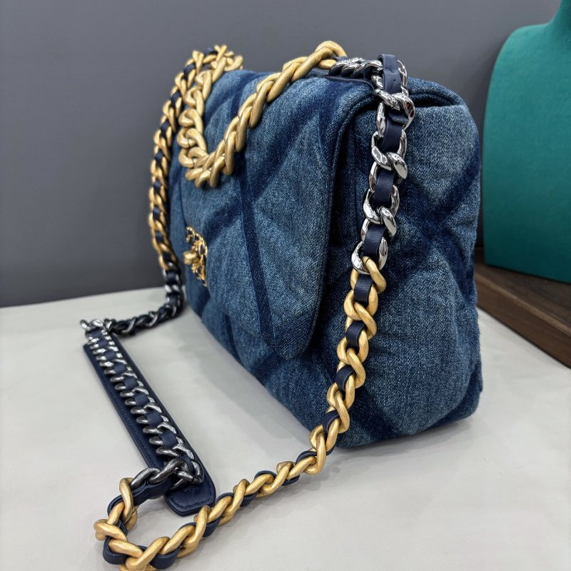 芯片款 香奈兒/Chanel 牛仔藍中號菱格紋19bag 鏈條包-3