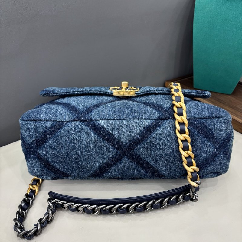 芯片款 香奈兒/Chanel 牛仔藍中號菱格紋19bag 鏈條包-5