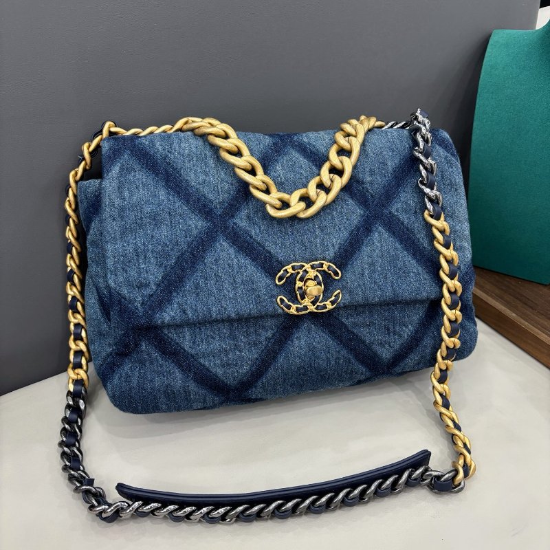 芯片款 香奈兒/Chanel 牛仔藍中號菱格紋19bag 鏈條包-6