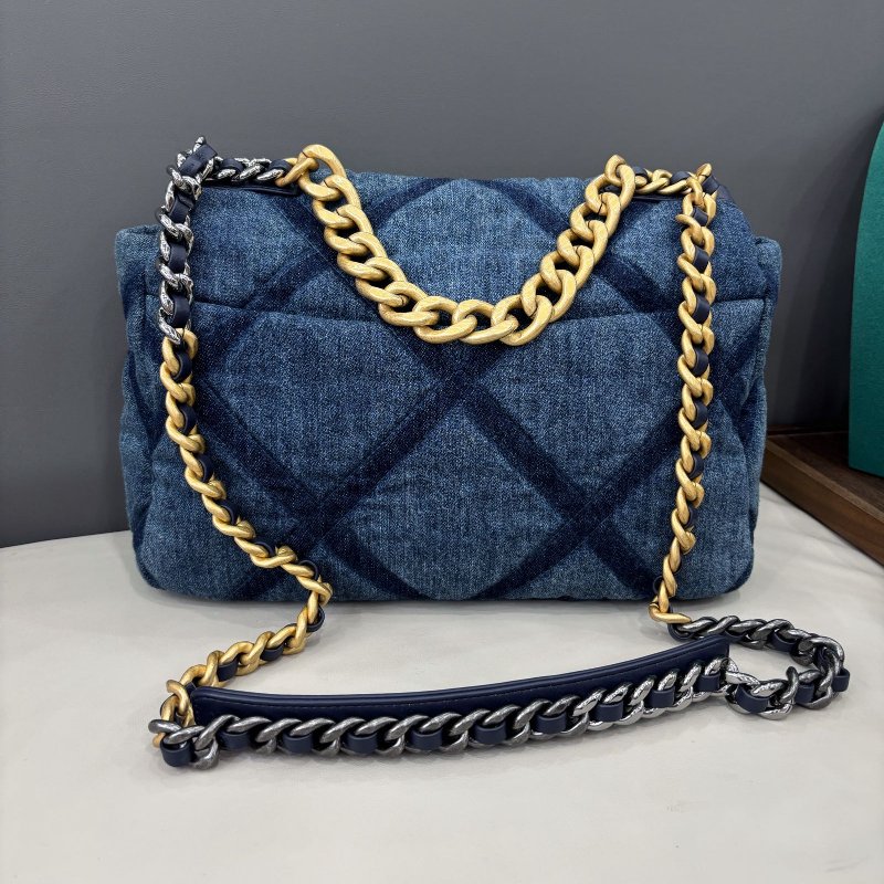 芯片款 香奈兒/Chanel 牛仔藍中號菱格紋19bag 鏈條包-7
