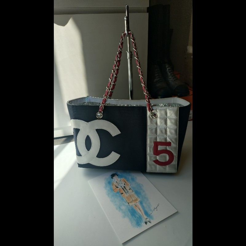 Chanel 銀鍊藍布銀白雙C5號托特包-0
