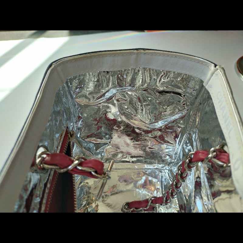 Chanel 銀鍊藍布銀白雙C5號托特包-16