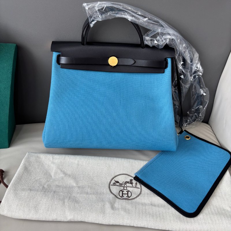 閒置新 愛馬仕Hermes 新牛仔藍herbag31 B刻 五金全原膜 黑色配皮-0