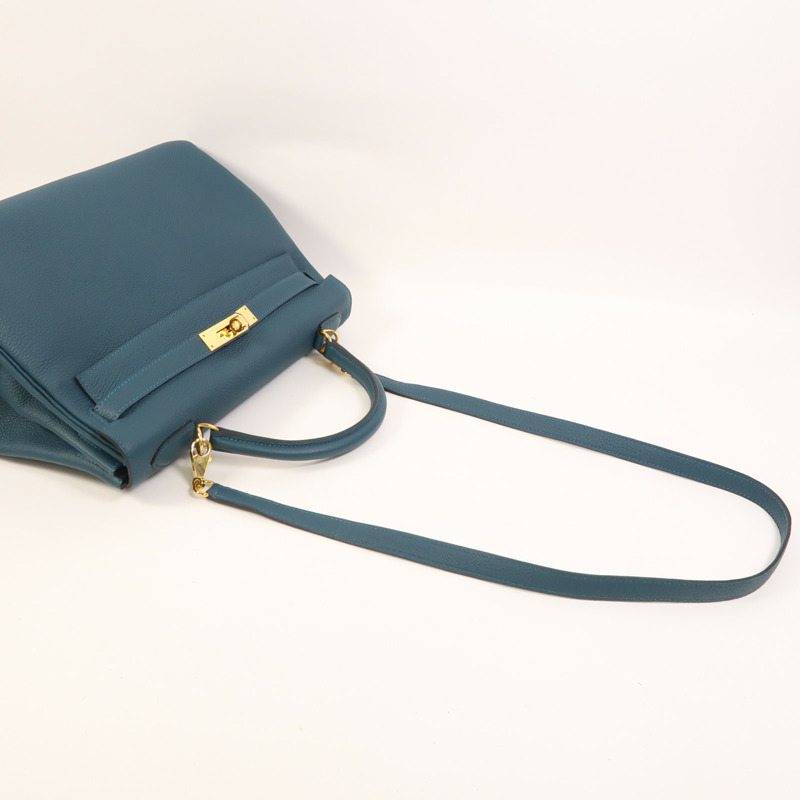 HERMES Epsom皮革Kelly 32金扣手挽肩背兩用袋Bleu Tempete-7