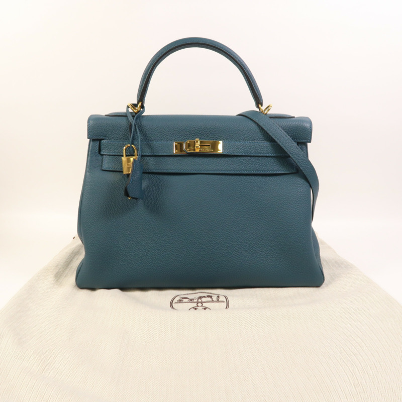 HERMES Epsom皮革Kelly 32金扣手挽肩背兩用袋Bleu Tempete-8
