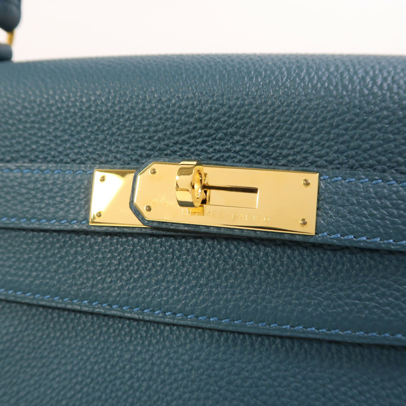 HERMES Epsom皮革Kelly 32金扣手挽肩背兩用袋Bleu Tempete-9