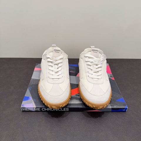 Hermes愛馬仕 Jet系列白色麂皮拼皮橡膠底德訓鞋 運動鞋 42碼 側面H標誌