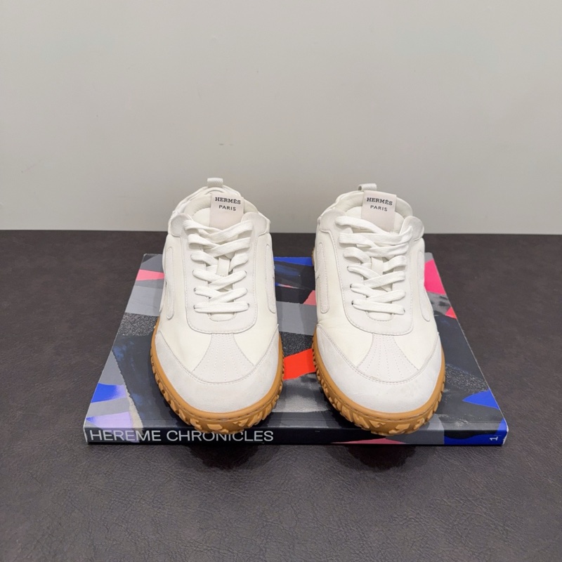 Hermes愛馬仕 Jet系列白色麂皮拼皮橡膠底德訓鞋 運動鞋 42碼 側面H標誌-0