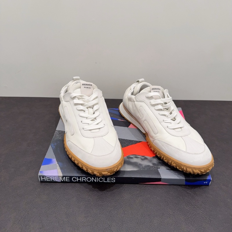 Hermes愛馬仕 Jet系列白色麂皮拼皮橡膠底德訓鞋 運動鞋 42碼 側面H標誌-1