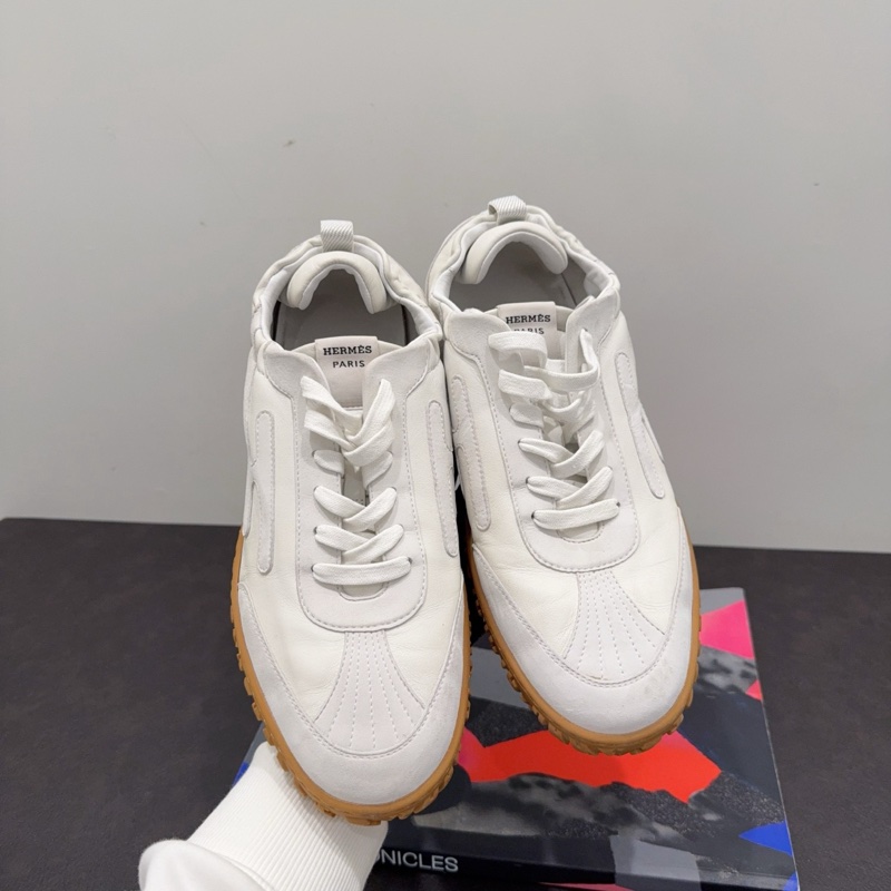 Hermes愛馬仕 Jet系列白色麂皮拼皮橡膠底德訓鞋 運動鞋 42碼 側面H標誌-3