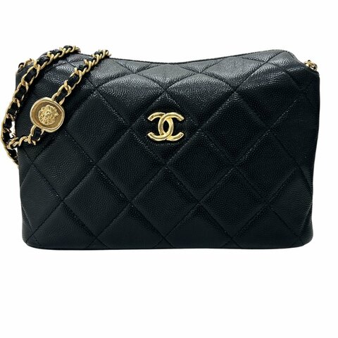 CHANEL 香奈兒 翻蓋扣包 造型鍊帶肩背包 小牛皮 黑色 金扣