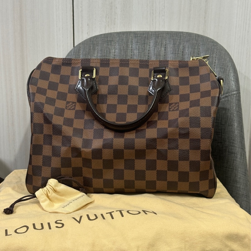 LV Speedy30 經典棕色棋盤格手提 斜背包-0
