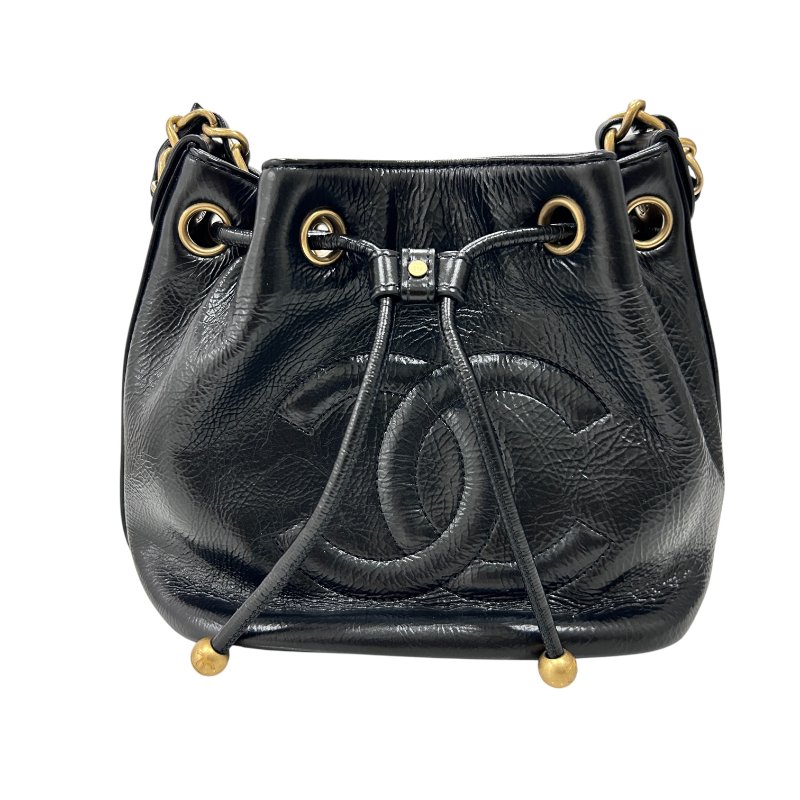 CHANEL 香奈兒 水桶包 側背包 羊皮 黑色 金扣-0