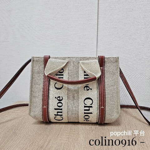[過新年超甜優惠出🧧] Chloe亞麻帆布棕色牛皮WoodyMini手提斜背包