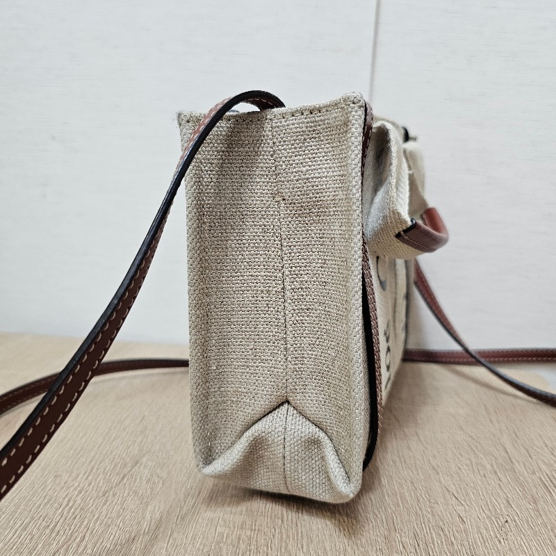 [過新年超甜優惠出🧧] Chloe亞麻帆布棕色牛皮WoodyMini手提斜背包-2