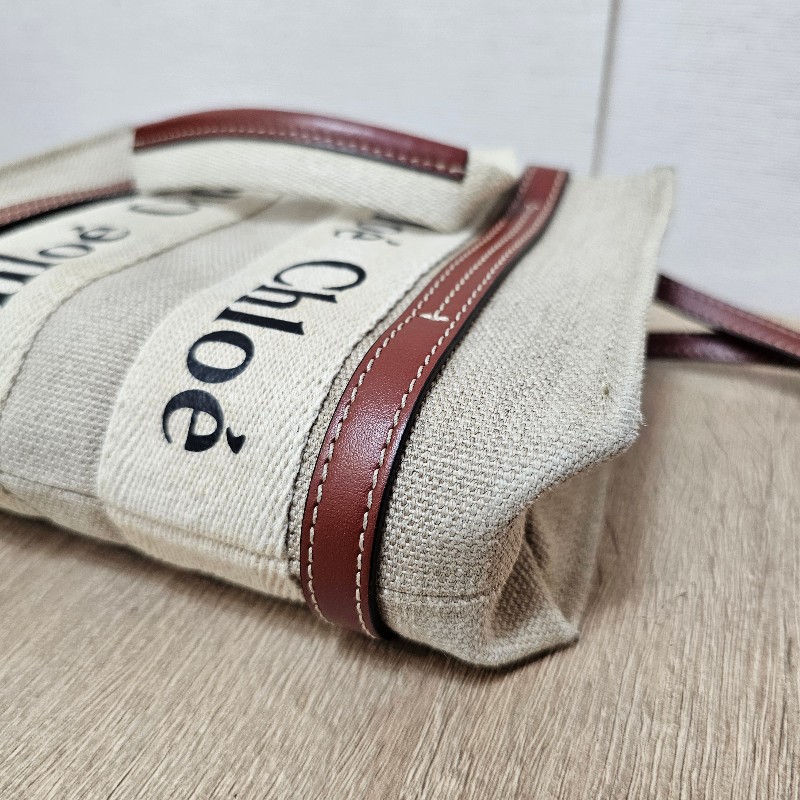 [過新年超甜優惠出🧧] Chloe亞麻帆布棕色牛皮WoodyMini手提斜背包-3