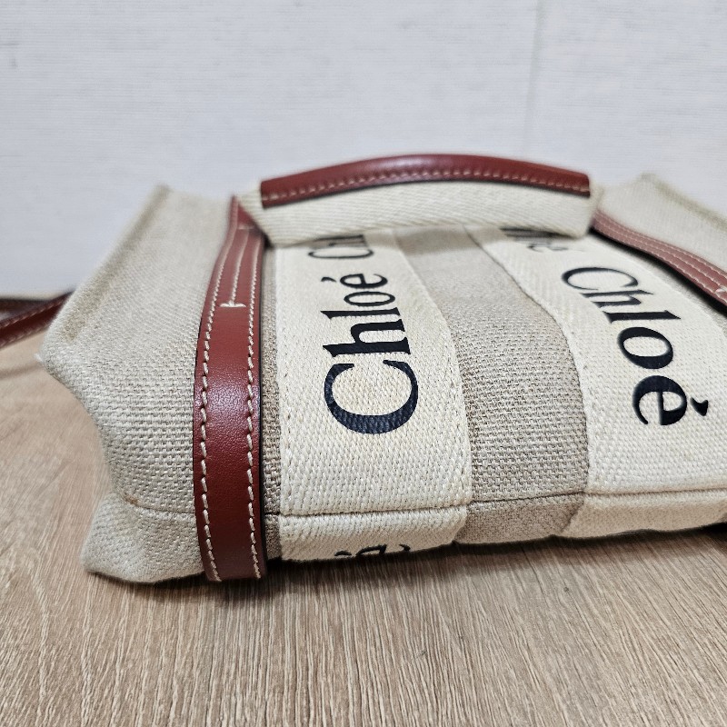 [過新年超甜優惠出🧧] Chloe亞麻帆布棕色牛皮WoodyMini手提斜背包-4