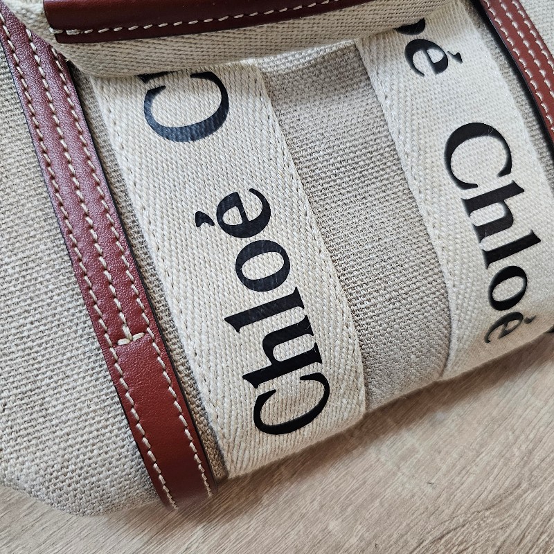 [過新年超甜優惠出🧧] Chloe亞麻帆布棕色牛皮WoodyMini手提斜背包-5