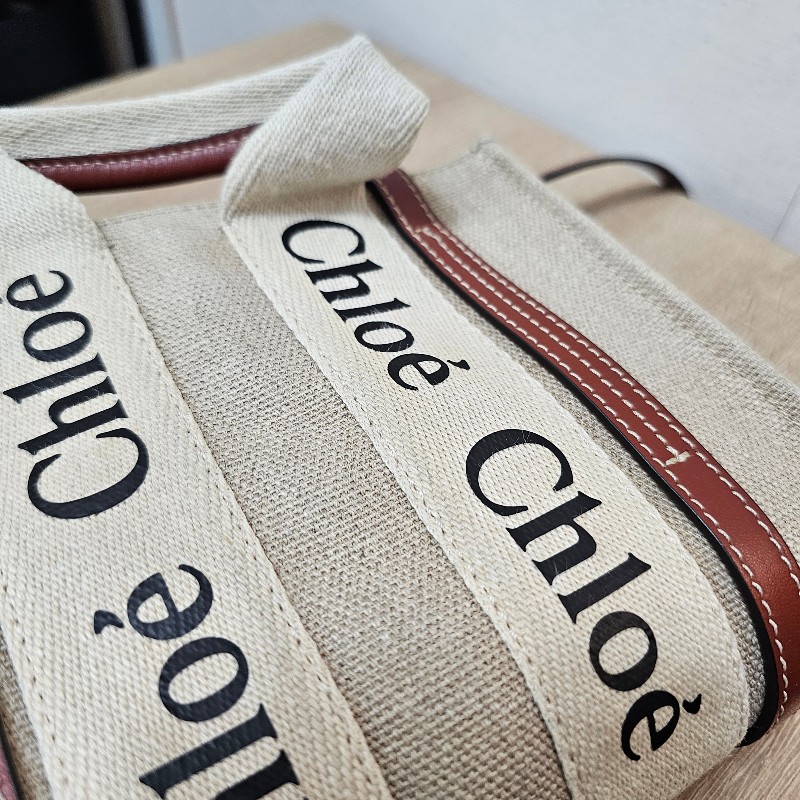 [過新年超甜優惠出🧧] Chloe亞麻帆布棕色牛皮WoodyMini手提斜背包-6