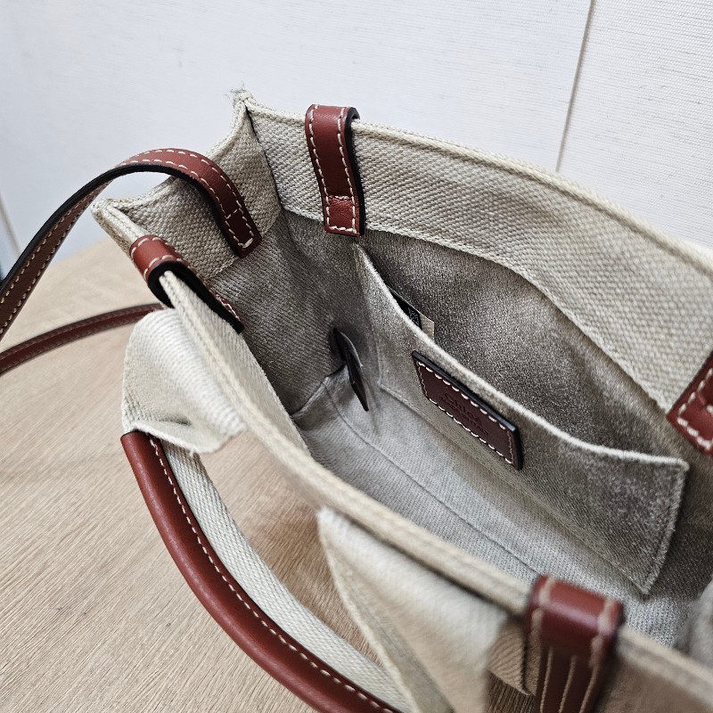 [過新年超甜優惠出🧧] Chloe亞麻帆布棕色牛皮WoodyMini手提斜背包-8