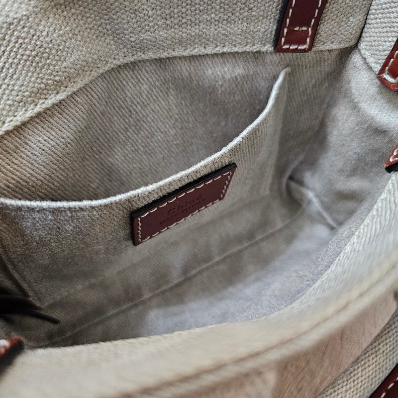 [過新年超甜優惠出🧧] Chloe亞麻帆布棕色牛皮WoodyMini手提斜背包-11