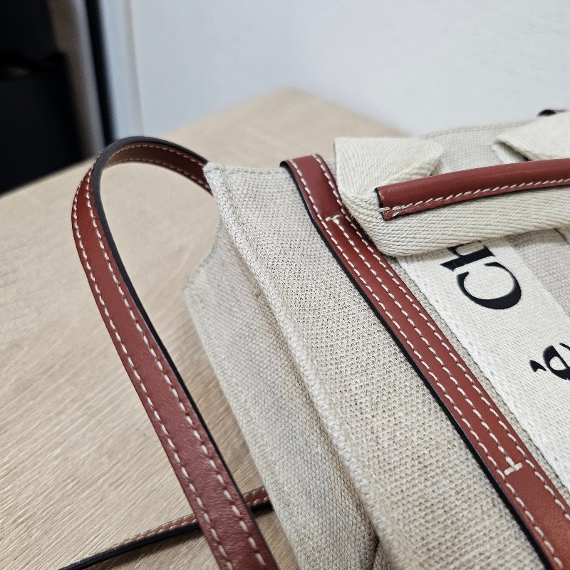 [過新年超甜優惠出🧧] Chloe亞麻帆布棕色牛皮WoodyMini手提斜背包-15