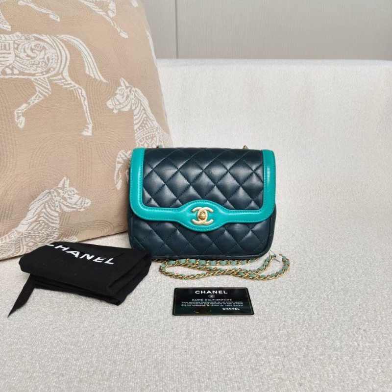 Chanel CF方胖子拼色鏈條深綠色拼湖綠色 金扣 羊皮 18*14*6 98新配件塵袋保卡-1